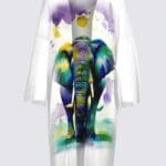 Colorful elephant design on white garment.