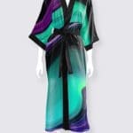 Colorful kimono robe with abstract patterns.