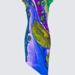Colorful abstract patterned dress on mannequin.