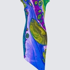 Colorful abstract patterned dress on mannequin.