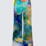 Colorful watercolor print flared pants.