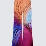 Colorful artistic patterned flared pants.