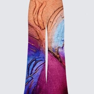 Colorful artistic patterned flared pants.