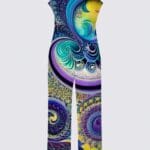 Colorful patterned jumpsuit with swirling designs.