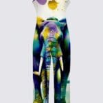 Colorful elephant print jumpsuit design.