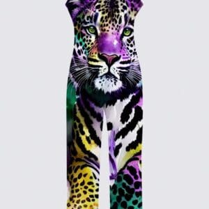 Colorful leopard-print jumpsuit design.
