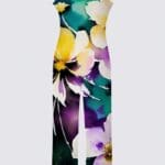 Floral-patterned jumpsuit with vibrant colors.