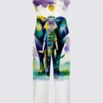 Colorful elephant print jumpsuit design.