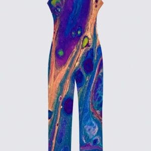 Colorful abstract patterned jumpsuit design.