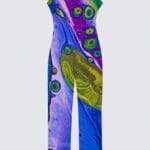 Colorful patterned jumpsuit on a plain background.