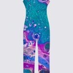 Colorful abstract jumpsuit with vibrant patterns.