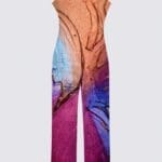 Colorful abstract jumpsuit with artistic design.