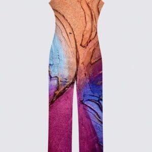 Colorful abstract jumpsuit with artistic design.