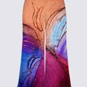 Colorful artistic long skirt with butterfly design.