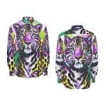 Colorful leopard print long-sleeve shirt.