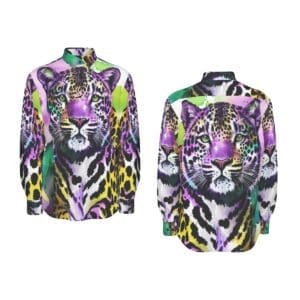 Colorful leopard print long-sleeve shirt.