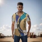 Man wearing a colorful patterned shirt outdoors.