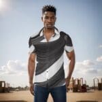 Male model in stylish patterned shirt outdoors.