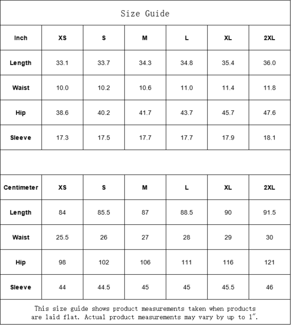 Clothing size guide in inches and centimeters.