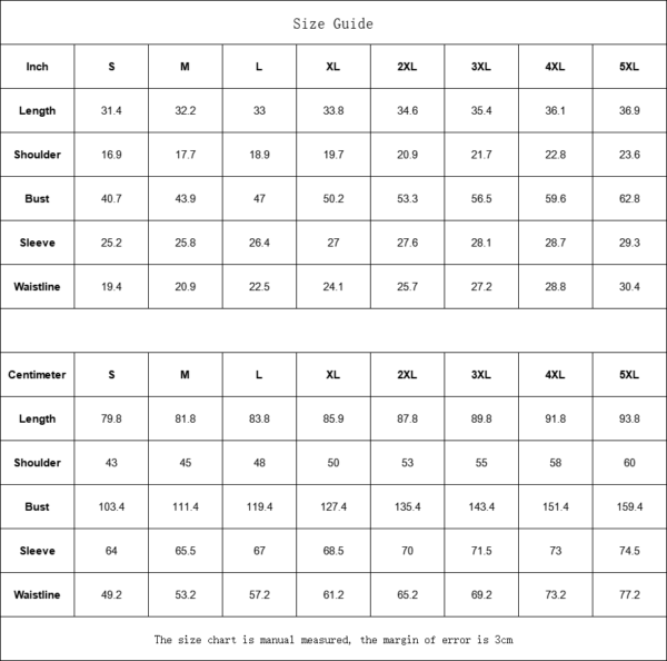 Clothing size chart in inches and centimeters.