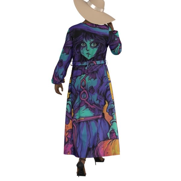 Woman in witch-print maxi dress and hat.