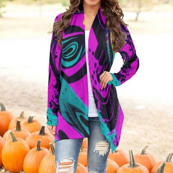 Woman wearing abstract print cardigan.