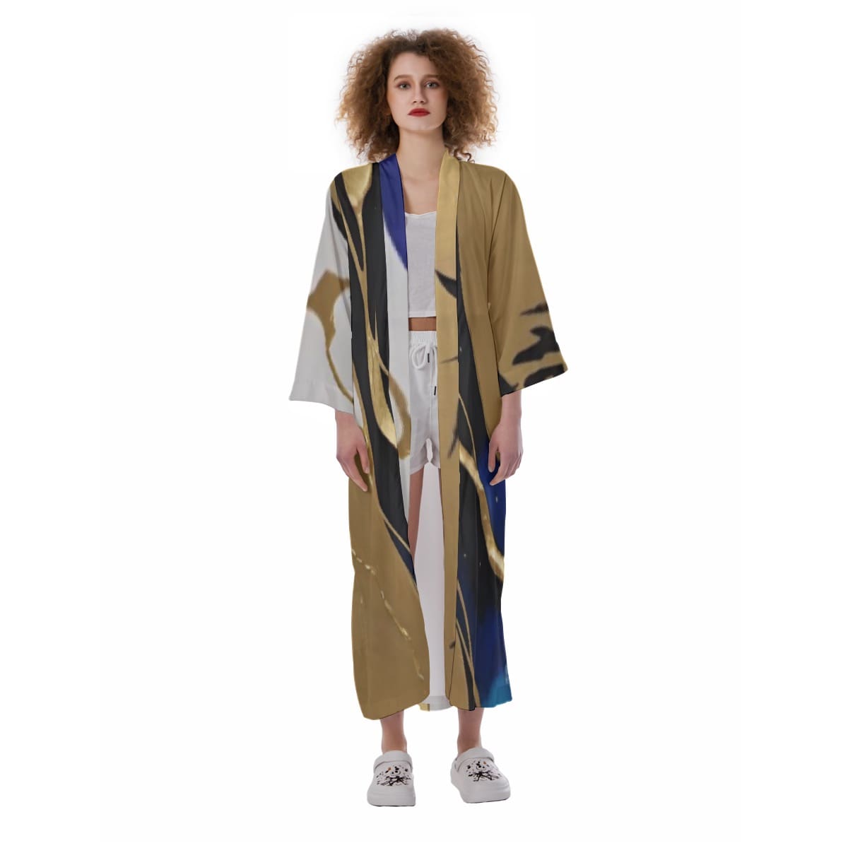 Woman wearing abstract print kimono robe.