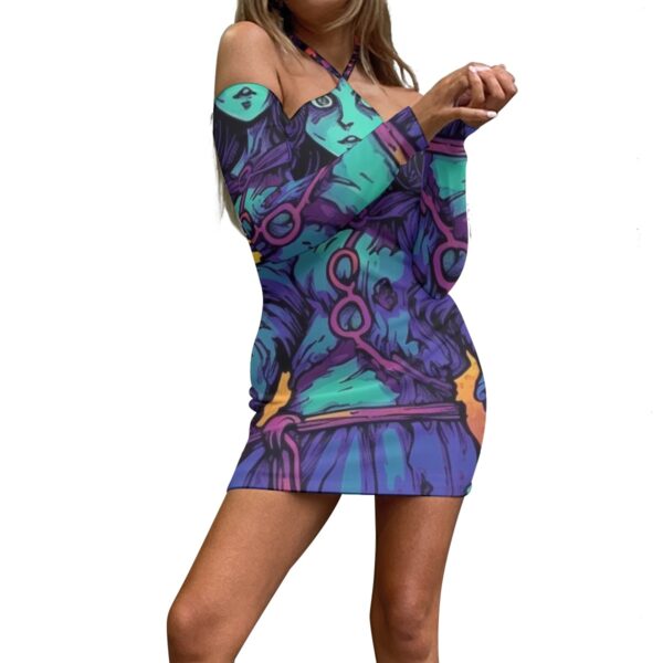 Woman in colorful graphic mini dress.