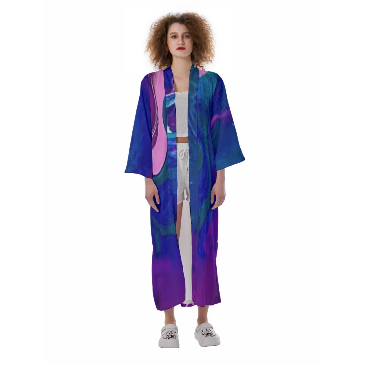 Woman in abstract print kimono robe.