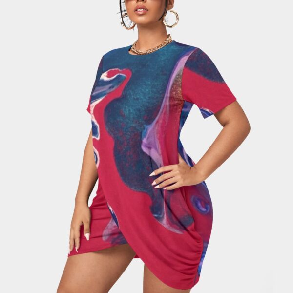 Red abstract print short sleeve dress.