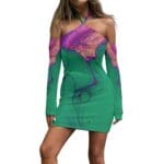 Woman wearing a colorful off-shoulder dress.