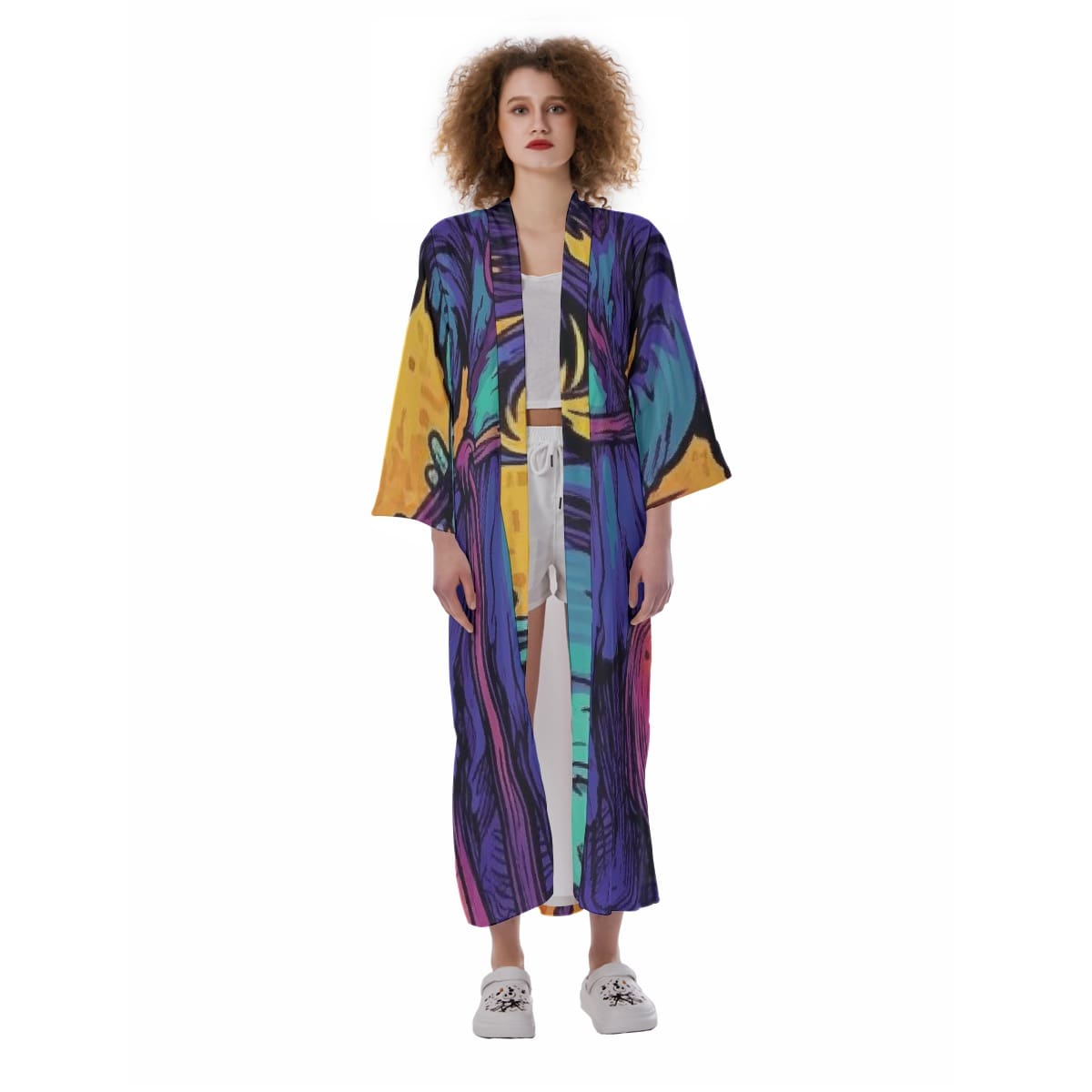 Woman in colorful abstract kimono.