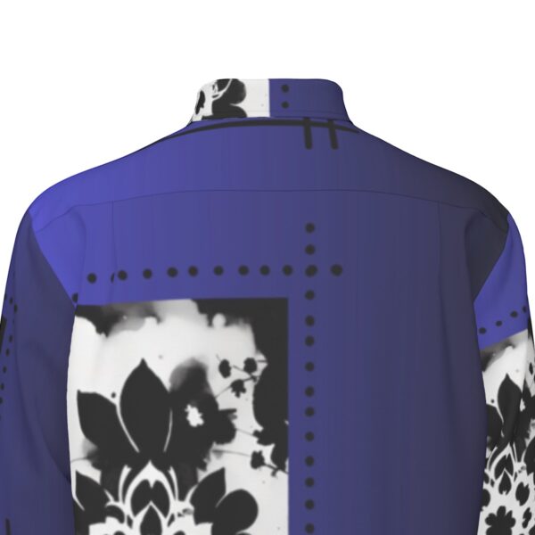 Here's an alt tag for the image: Blue shirt back, black floral design.