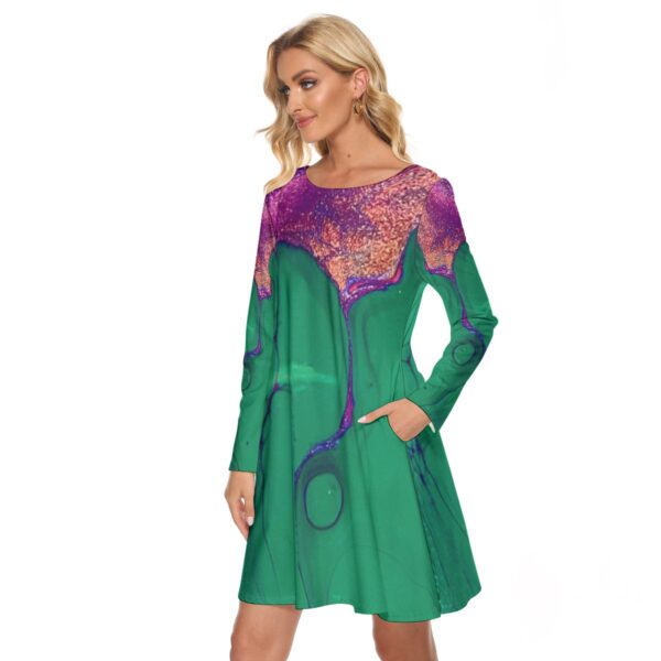 Green abstract print long sleeve dress.