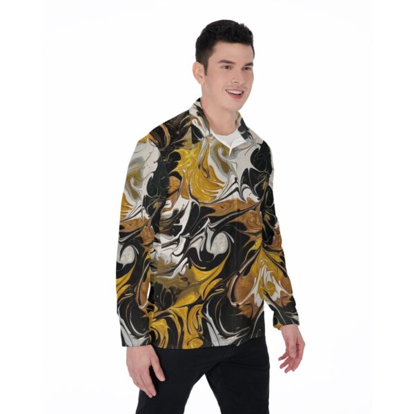 Man in gold and black marble shirt.