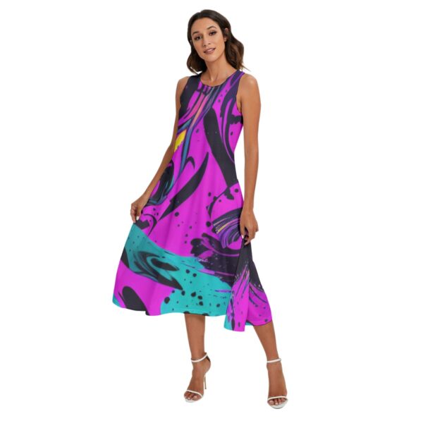 Woman in sleeveless abstract print midi dress.