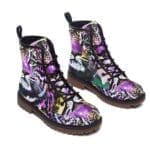 Colorful leopard print boots on white background.