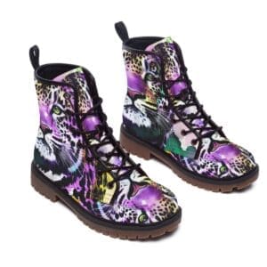 Colorful leopard print boots on white background.
