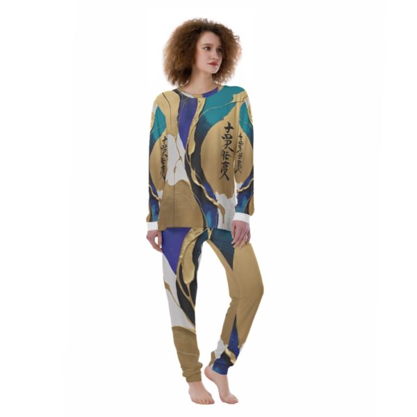 Woman in abstract print pajamas.