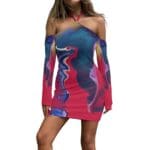 Woman in colorful off-shoulder dress.
