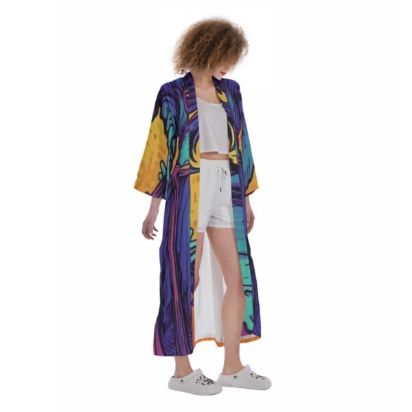 Woman in colorful patterned kimono.