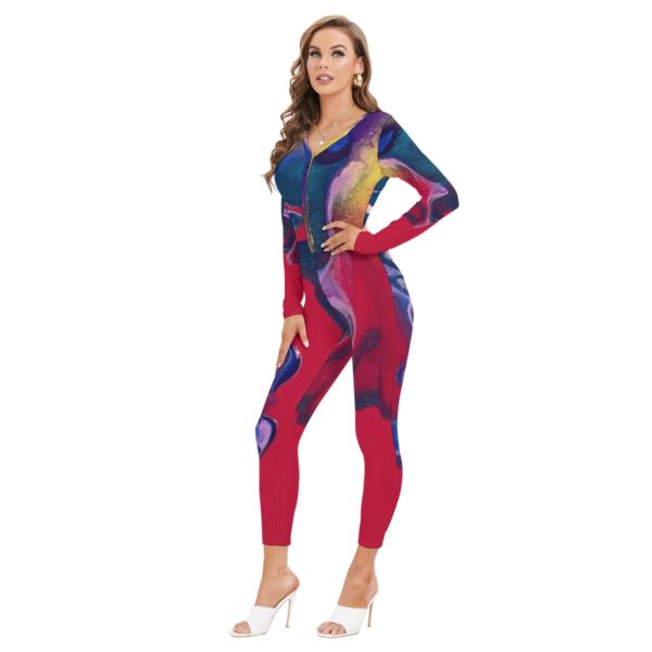 Woman in abstract print jumpsuit.