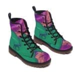 Colorful patterned green and purple combat boots.