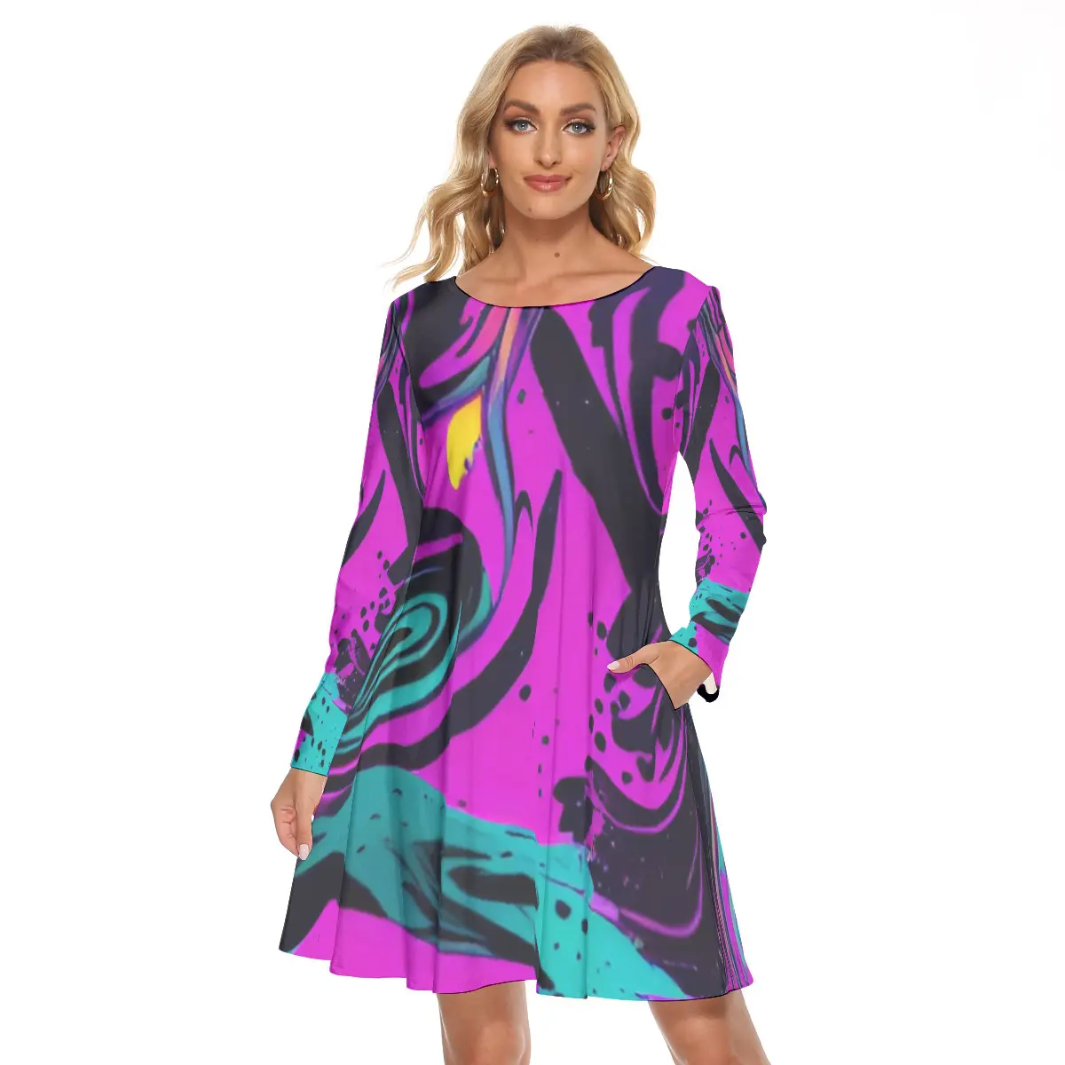 Woman in abstract print long sleeve dress.