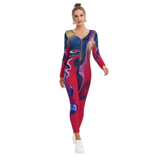 Woman in abstract print jumpsuit.