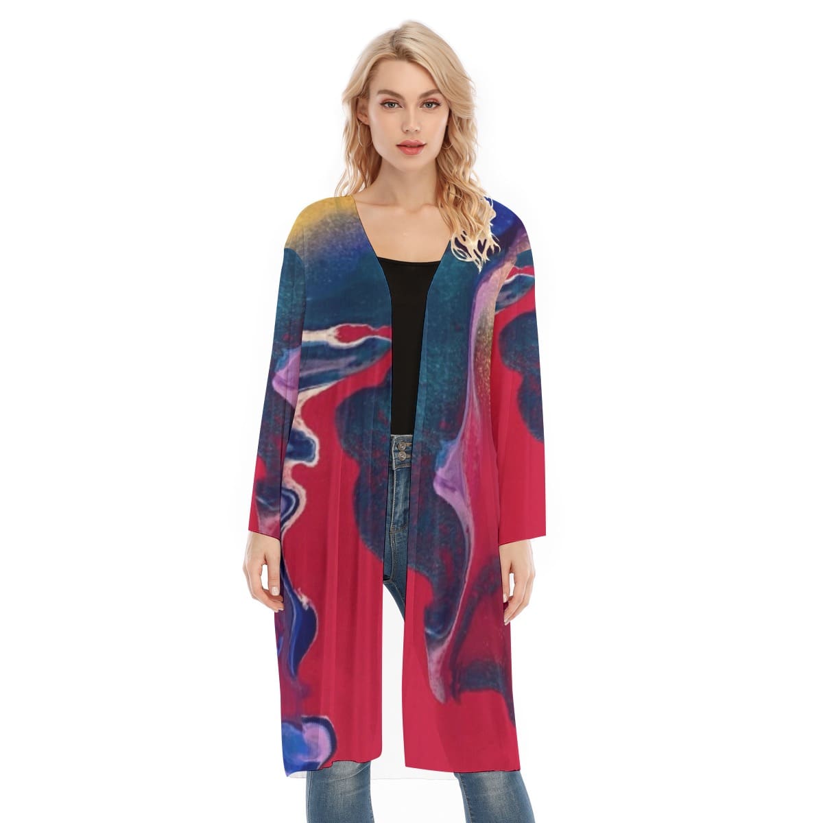 Woman wearing abstract print cardigan.