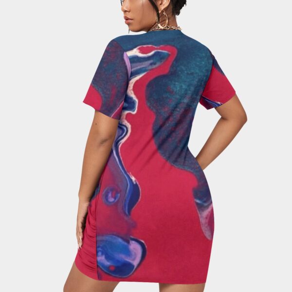 Red abstract print short sleeve dress.