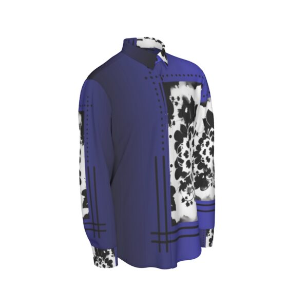 Blue long-sleeve shirt with floral print.