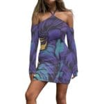 Woman in colorful off-shoulder dress.