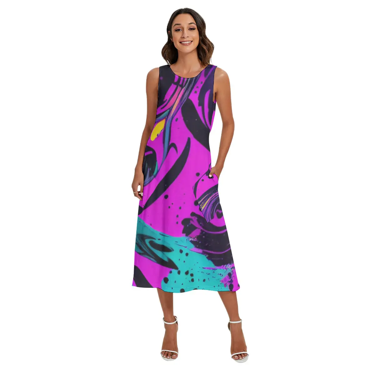 Woman in sleeveless abstract print midi dress.